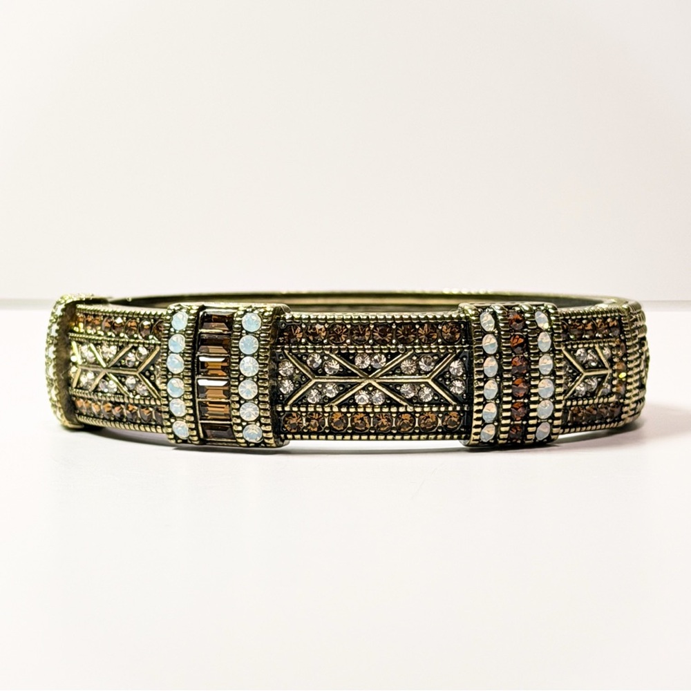 Heidi Daus Art Deco Swarovski Crystal Hinged Bangle Bracelet Bronze Smokey Topaz